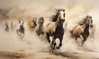 Galloping many horses emerges from the dust and smoke. Generative AI. H004