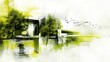 Green blueprint fusion: sustainable architecture concept with modern ink and digital double exposure illustration