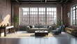 Living room interior in loft, industrial style in bright colours 