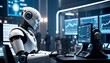 © Anastasiia - A robot is depicted in an analytical pose in front of a trading station, showcasing advanced technology used for monitoring and analyzing stock market trends.. AI Generation