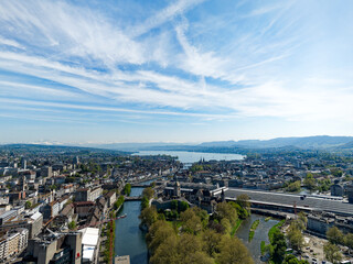 Wall Mural - Aerial view of Swiss City of Zürich with cityscape and skyline on a sunny spring day. Photo taken April 12th, 2024, Zurich, Switzerland.