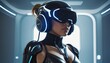 Woman gamer in futuristic suit and VR helmet in bright colours 