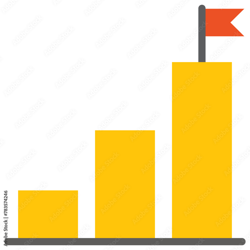 Colourful growing bar chart with flag on peak line icon, simple finance ...