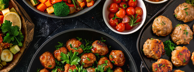 Assortment of juicy meatballs, tender chicken, and fresh vegetables in pans on a dark background, a feast of vibrant colors and flavors.
