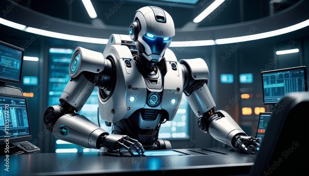 An advanced robotic figure with a striking blue visor is depicted in a ...