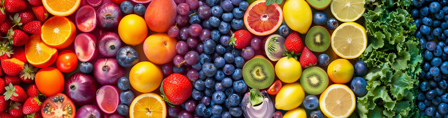 Wall Mural - Vivid mosaic of fresh fruits and vegetables creating a rainbow spectrum, a vibrant display of healthy, colorful produce.
