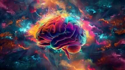 Poster -  human brain exploding with knowledge and creativity, with vibrant colors and dynamic shapes