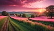 A picturesque sunrise scene featuring a country road leading towards a farm, flanked by lush greenery and blooming lavender fields under a radiant sky.. AI Generation