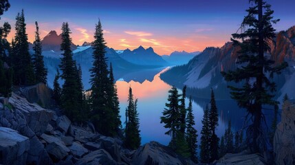Wall Mural - The sun setting behind a range of mountains, casting a warm glow over a small stream and nearby trees. The tranquil scene is bathed in shades of orange, purple, and pink.