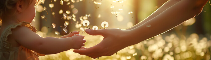 A mother teaching her child to blow dandelion seeds in a sunlit park, a close-up on their hands together, guiding the seeds into the air.