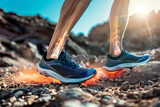 Fototapeta  - Male runner  injured calf muscle and suffering with pain. Sprain ligament while running outdoors. A person's foot with a bone in it. The bone is orange and the foot is on a dirt path