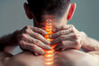A man with his hands on his neck, with a spine that is red and orange. The spine is bent and twisted, and the man's hands are on it. Concept of discomfort and pain