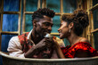 Romantic African American Couple Sharing Ice Cream in a Vintage Setting