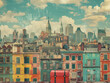 Suitcase and artistic cityscape painting