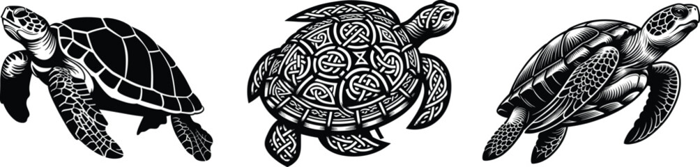 Wall Mural - Set of turtles, underwater sea animals, vector illustration. 