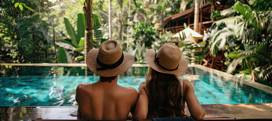 Back View of a Young travelling couple relaxing in the jungle resort hotel 