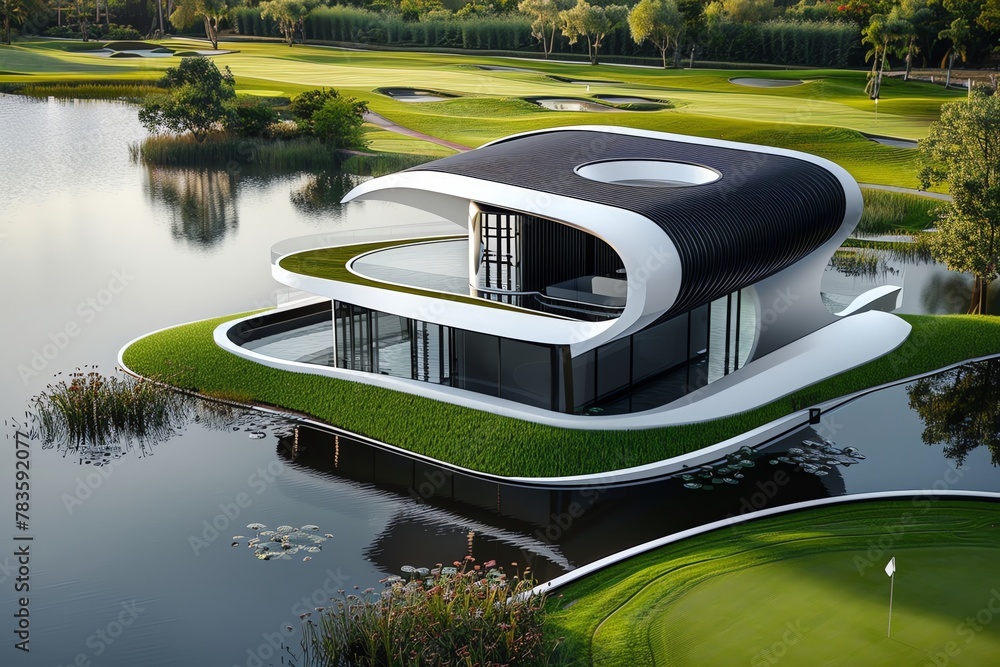 A modern, futuristic house in the shape of an S with a black and white ...