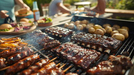 Friends gathered around a patio BBQ grill. The grill overflows with an assortment of delicious burgers, ribs bursting with flavor, and an array of baked potatoes.