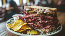 Deli Sandwich With Pastrami And Chips.