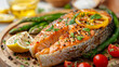 Grilled salmon accompanied by vegetables on a wooden board