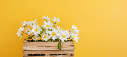 White flowers in wooden basket on yellow spring background