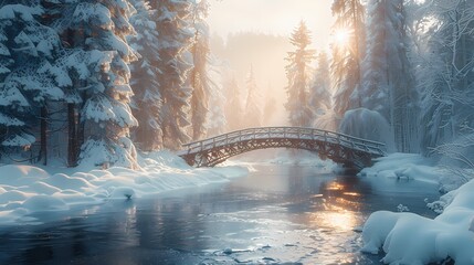 A serene Merry Christmas background with a snowy forest, a small wooden bridge over a frozen river, and a peaceful sense of winter tranquility