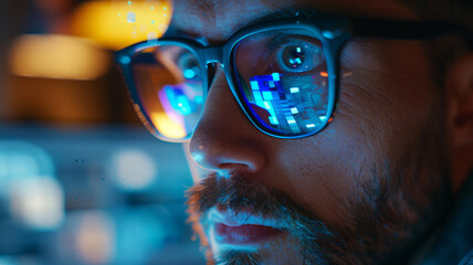Close-up of a man with screen reflections.