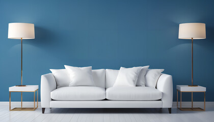 Wall Mural - Relaxation room with a blue background and a white sofa. Generative AI.

