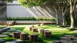 Natural mockup of an outdoor classroom with grass flooring and wooden log seating for an earthy feel. .