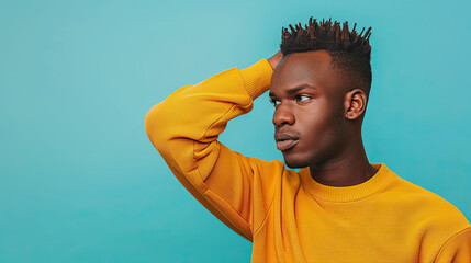 Wall Mural - Stylish young african male model on pastel blue background