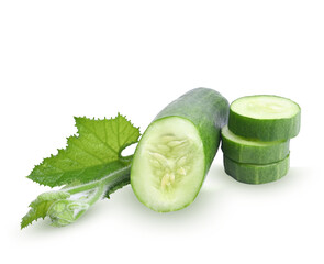 Canvas Print - Cucumber and slices white leaves isolated on transparent.