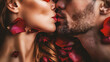 cropped view of man kissing woman with rose petals
