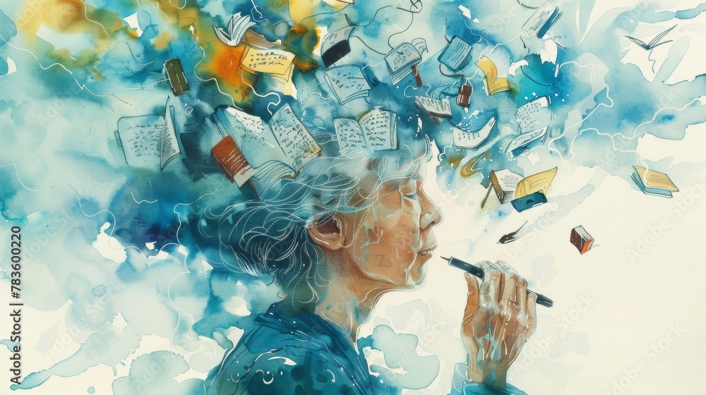 A watercolor portrait of a person holding a pen with illustrations of ...