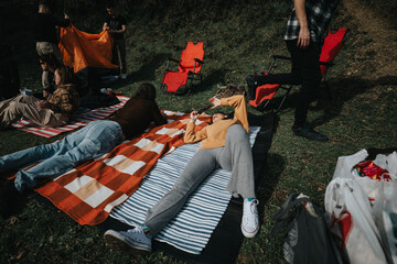 Wall Mural - A group of friends is seen chilling and socializing on picnic blankets in a park, with a serene and content atmosphere.