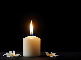 Wall Mural - Single white burning candle on black background. Funeral, mourning, memorial service concept