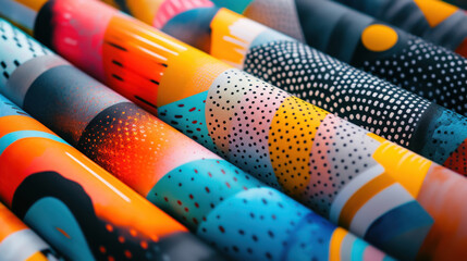 Poster - A vibrant array of patterned fabrics showcasing colorful geometric designs and textures, creating an eye-catching visual display.