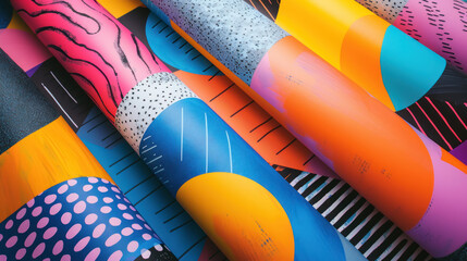 Poster - A vibrant assortment of paper rolls featuring bold geometric patterns and bright colors, showcasing artistic design and creative expression.