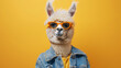A fashionable alpaca with a denim jacket and sunglasses, exuding charm and charisma against a sunny yellow background. , full depth of field in focus,