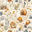 Light watercolor snails, seamless pattern, slow and detailed, garden trails . Seamless pattern, Fabric Pattern, Tumbler Wrap, Mug Wrap.