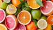 Citrus fruit background with sliced f oranges lemons lime tangerines and grapefruit as a symbol of healthy eating and immune system boost with natural vitamin,Sliced and whole citrus fruits with leav,