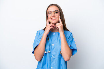 Wall Mural - Young nurse caucasian woman isolated on white background smiling with a happy and pleasant expression