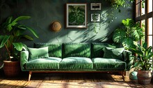Chic Boho Living Room With A Velvet Green Sofa, Woven Rug, And Plants 