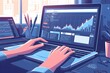 Close-up of hands typing on a laptop with stock market graphs on the screen , style flat illustration