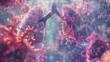 A microscopic battlefield TB bacteria invading lungs, with a highlight on the cure process A vivid reminder that curing is prevention