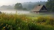 Thatched roof house foggy field