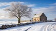 Winter stone cottage scene