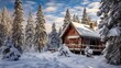 Cabin nestled snowy forest