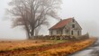 Foggy landscape stone house