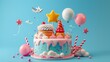Modern birthday cake with unique decorations 3d style isolated flying objects memphis style 3d render   AI generated illustration