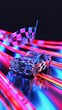 Racing car and checkered flag in a neon color palette 3d style isolated flying objects memphis style 3d render  AI generated illustration
